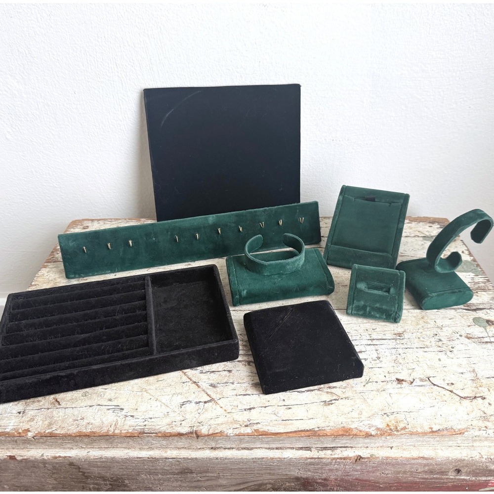 Green and Black Velvet Jewelry Display Set Mixed Lot Stands Trays Hooks